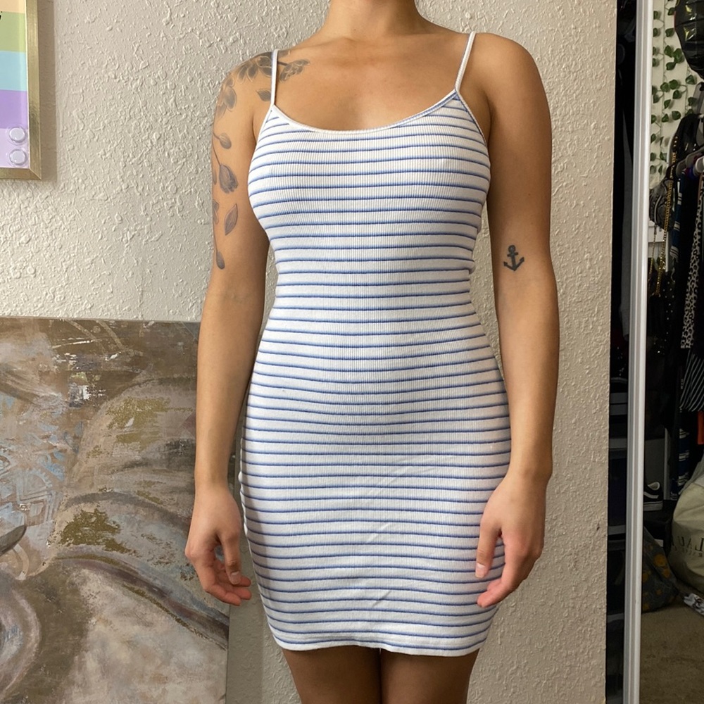 Small White and Blue Stripped Brandy Melville Mini Dress